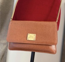 Lauren Ralph Lauren Brown Crossbody Bag Gold Chain Logo Plaque Snap Closure