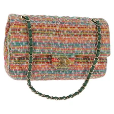 CHANEL Double Flap Matelasse 25 Chain Bag tweed Multicolor Gold CC Auth 142314M