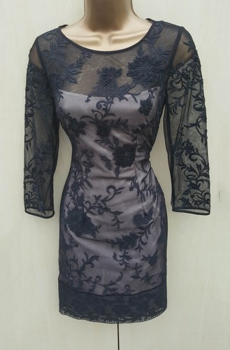 Size 10 UK KAREN MILLEN Black Mesh Floral Embroidered Beaded Party Mini DRESS - Picture 4 of 6