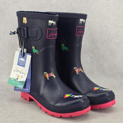 New Joules Rain Boots Mid Calf Molly Welly Blue Rainbow Dogs  display picture 2