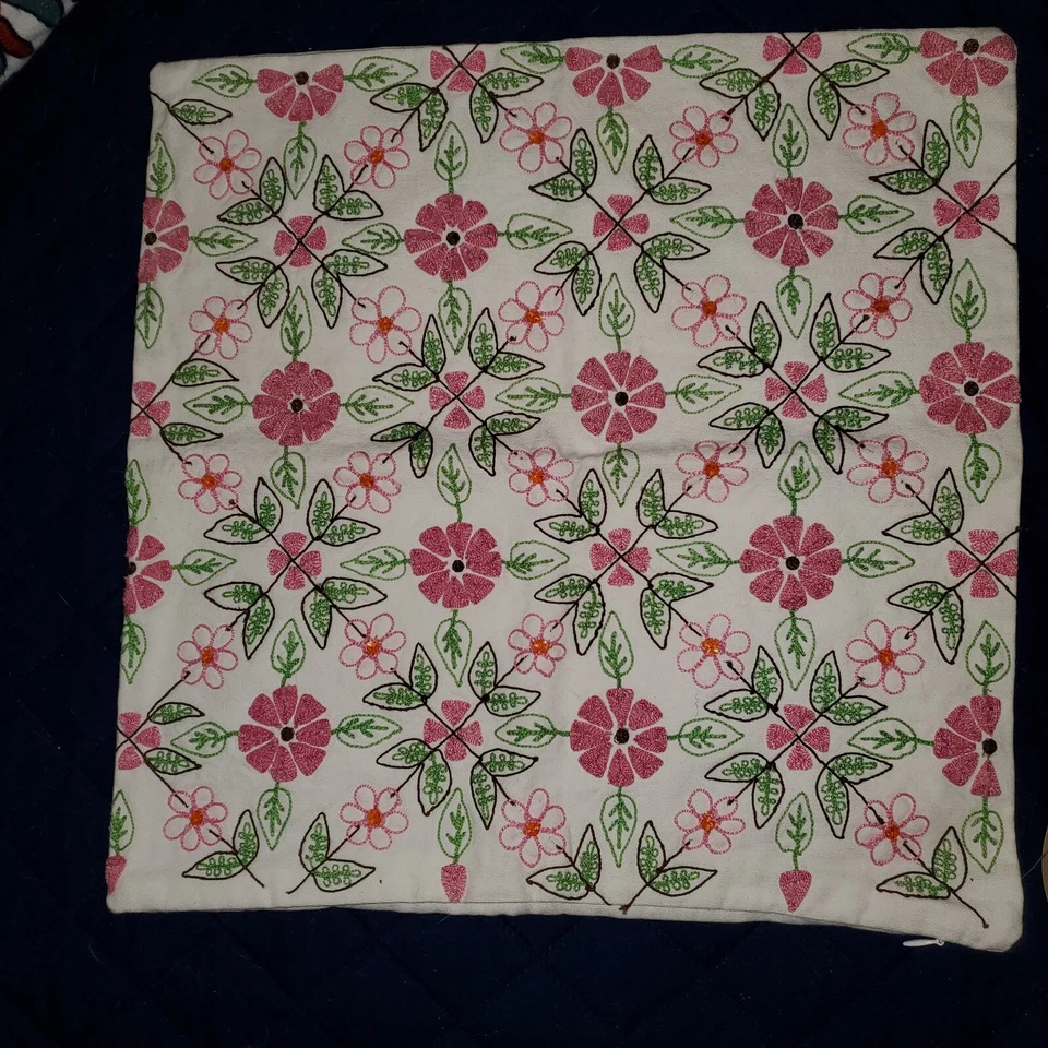 Pottery Barn Teen Pillow Cover, Pink & Green Embroidered Floral, 16 x 16 Square - Image 3 of 4