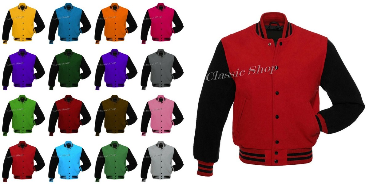 All Wool Varsity Letterman bomber style Jacket In Black Wool