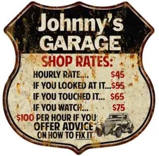 Johnny's Garage Shop Rates Personalized Gift Shield Metal Sign 211110019100