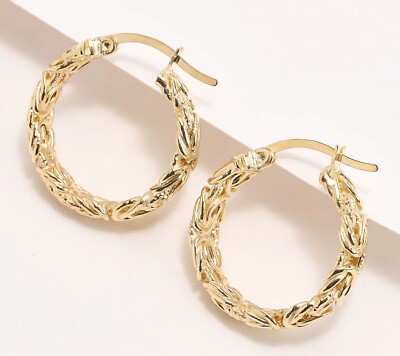 Polished & Diamond Cut Round Byzantine Hoop Earrings Real 14K Yellow Gold QVC