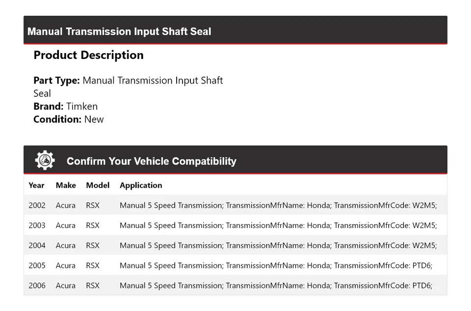 Sello de eje de entrada de transmisión manual Timken 2003 2004 para Acura RSX 2002-2006 Foto 2 de 4