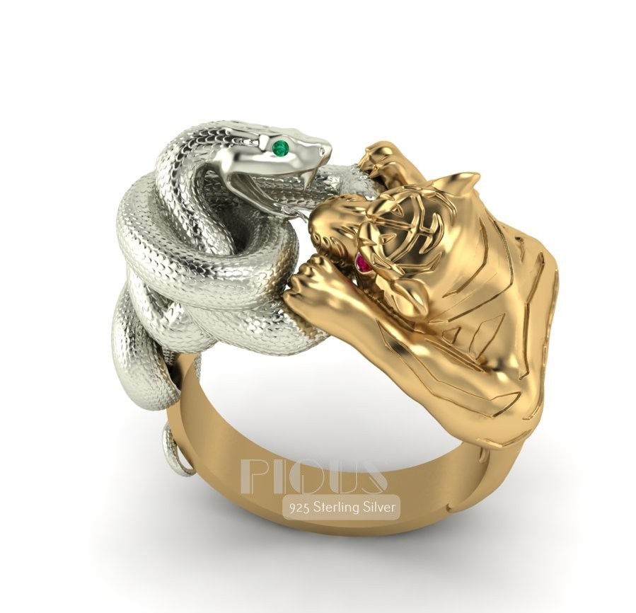 Unique Tiger Snake two tone Animal 925 Silver Men's Biker Rider Ring | eBay