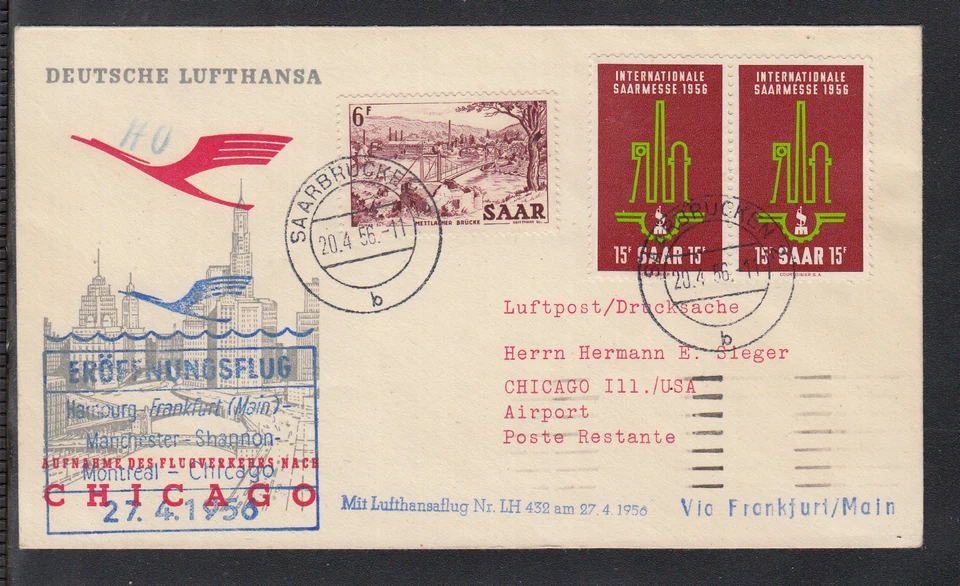 beautiful FFC LH 432 Lufthansa in 1956 to Chicago feed line Saarbruecken - Image 1 of 1