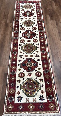 White Tribal Runner Handmade in India, Geometric Kazakh Design, Brand New,3'x10'