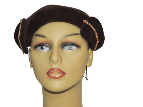 Vintage Brown Felt Vandervoorts Hat with Veil & Rhinestones VTG 1940s Semi-cloche Brown Felt Feather Hat Opera Italy  main image 3