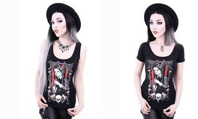 Restyle Gothic T-Shirt Tank Top Wednesday Addams Print Rundhals Schwarz wgt rave