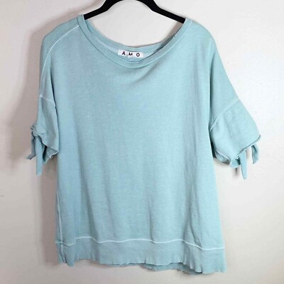 AMO Women's Green Tie Short Sleeve Distressed Cotton Pullover