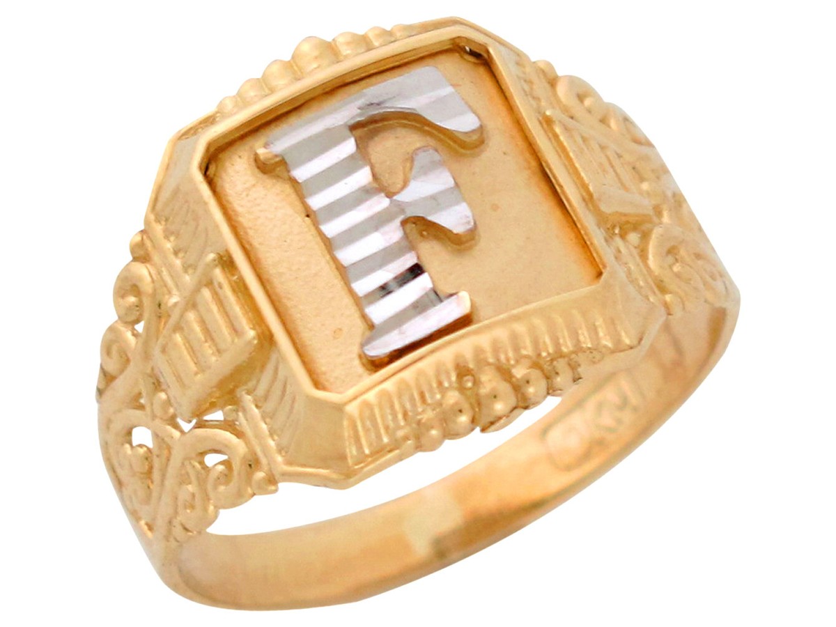 10k or 14k Two-Tone Gold Antique and Filigree Design Mens Initial 