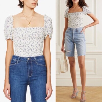 Reformation Jess Smocked Short Sleeve Top Gracie Floral Print Size