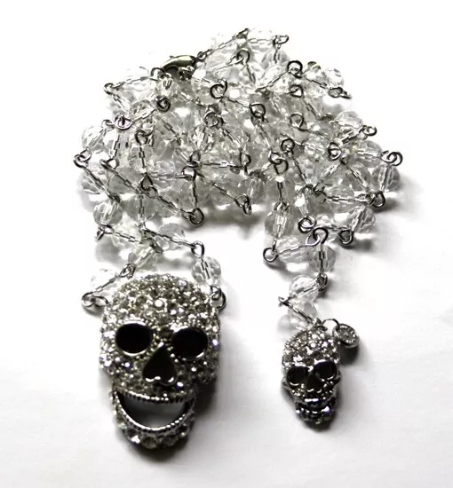 Butler and Wilson Clear Crystal 2 Skull Y Clear Bead Necklace NEW