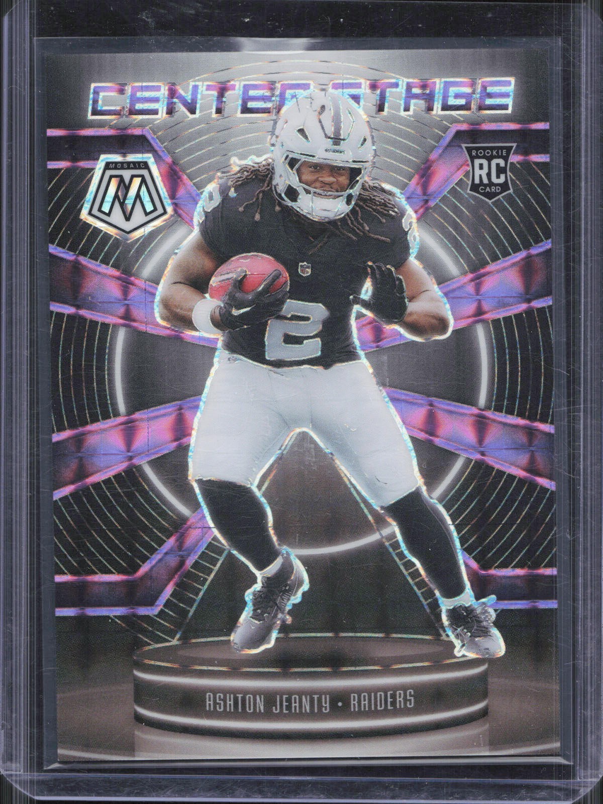 2025 Panini Mosaic Ashton Jeanty #11 Center Stage Rookie Purple Prizm 49/49