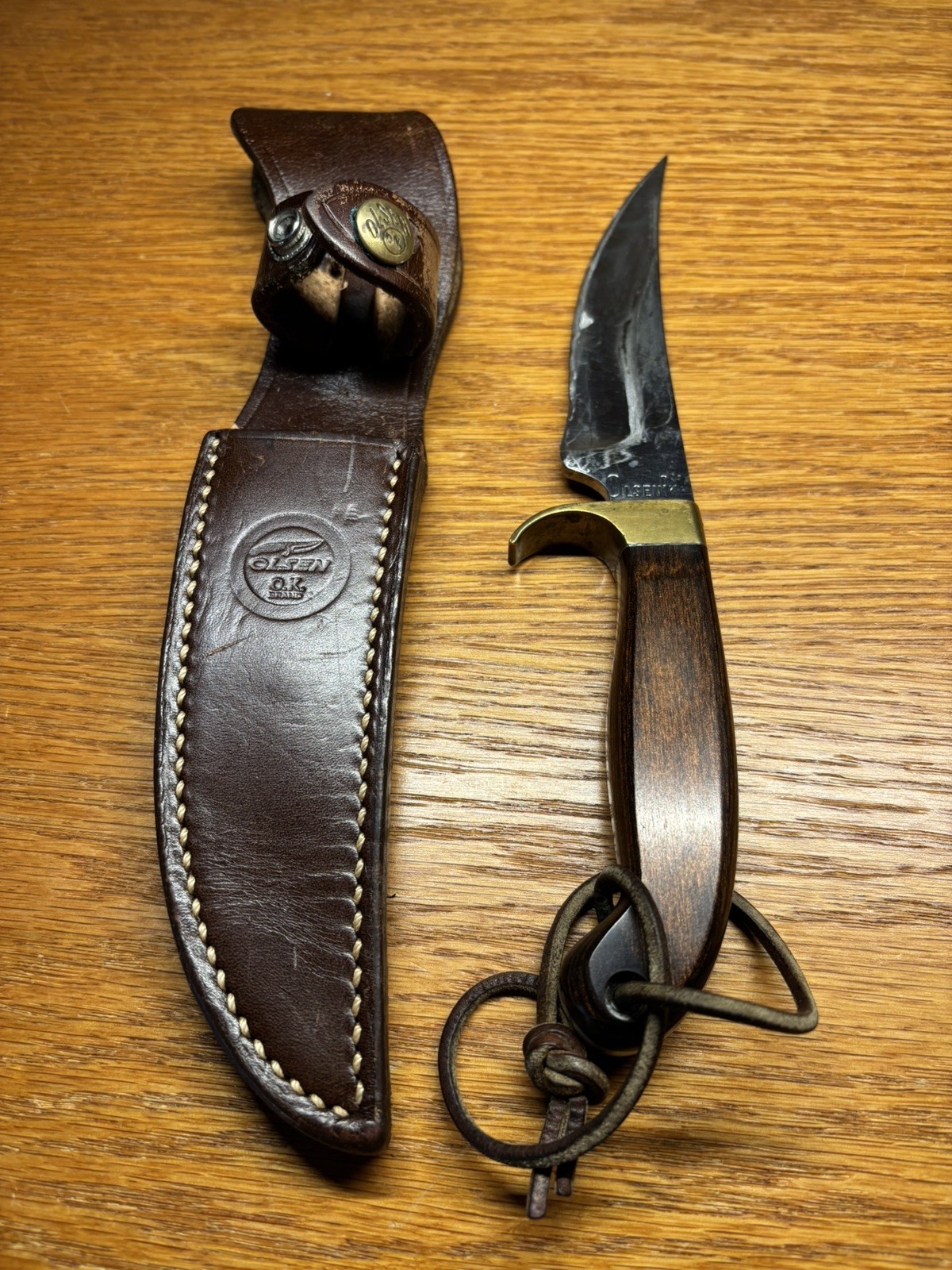 Vintage Olsen OK HC MI 502 Fixed-Blade Hunting Knife Wood Handle w/Sheath