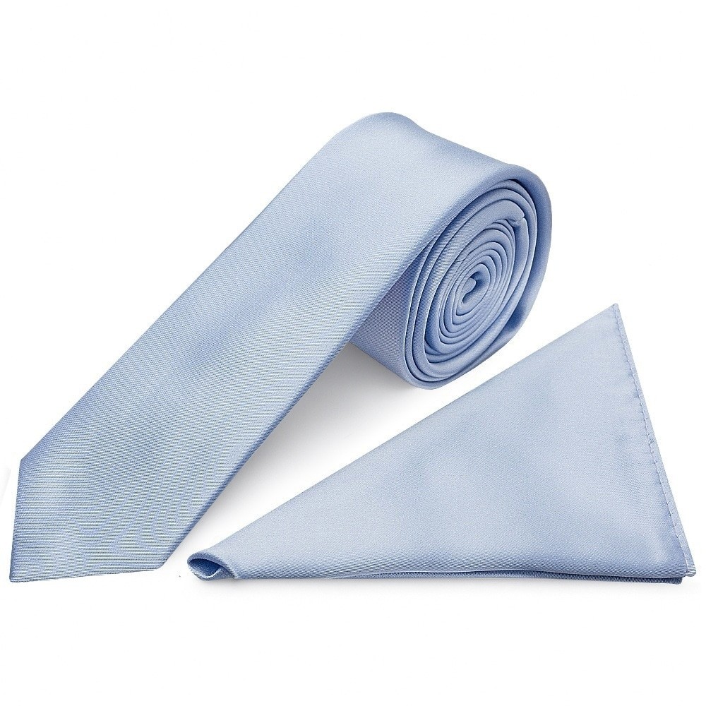 Plain Dusty Blue Boys Satin Skinny Tie and Pocket Square Age 8-11 Kids Wedding