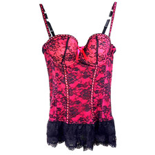 Satin Floral Lace Bow Corset Top Medium Pink Black Whimsigoth Fairy Coquette