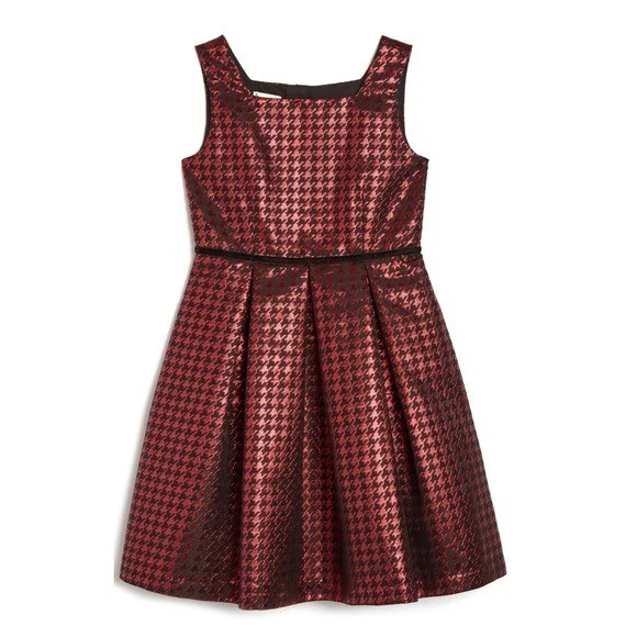 Pippa & Julie Girls Red Black Houndstooth Metallic Fit Flare Dress Size 7