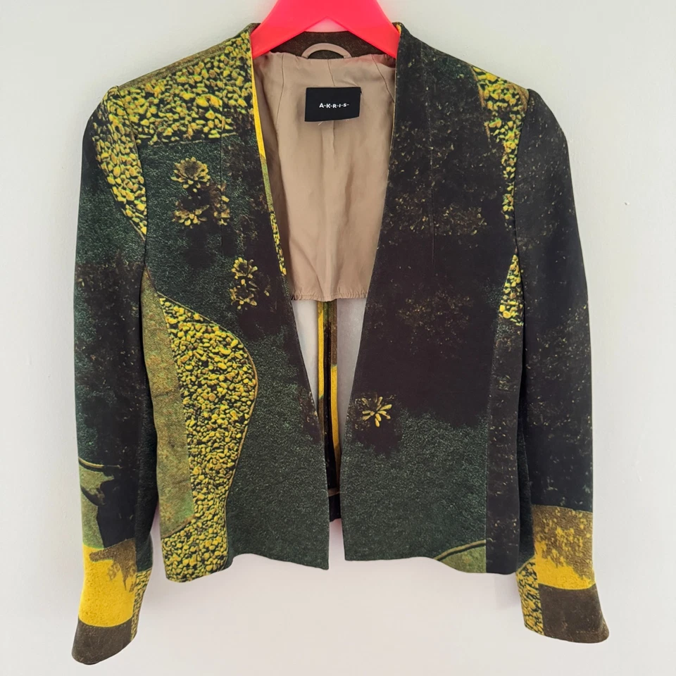 AKRIS Verde PAISAJE Estampado Completo 100% Seda Foto Gráfico Chaqueta Diseñador 6 Foto 2 de 4