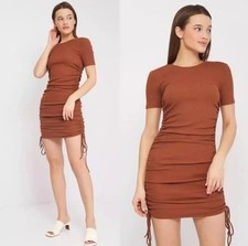 Zara Brown Ribbed Rib Short Sleeve Side Ruched Cinched Tie Mini Bodycon Dress M