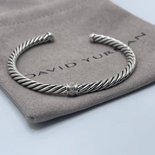 David Yurman 4mm Cable Flex Sterling Silver and Diamonds Station Bracelet