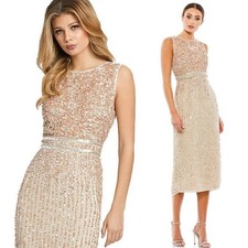 Mac Duggal Nude Beaded Sequin Midi Sheath Dress Sleeveless Size 8 NWT Elegant