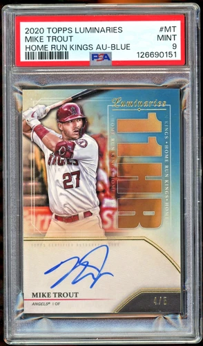 2020 Topps Luminaries Mike Trout /5 Home Run Kings Blue Auto Bold Auto PSA 9