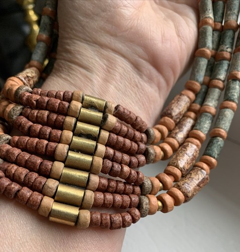 Vintage Egyptian Faience Clay Beads Cleopatra Necklace With Gold Blue Green Rust - Picture 9 of 19