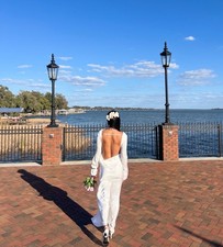 White Satin Long Sleeve Open Back Classic Full-Length. Size S,M. Length: 56-57”
