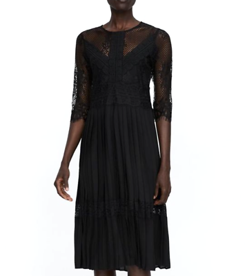 Zara Basic Black Lace Contrast Pleated Midi Dress Size XL Open Back | eBay