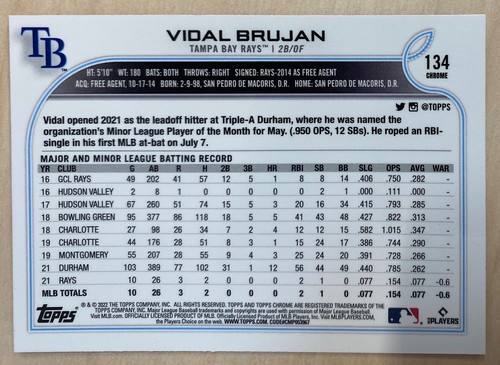 VIDAL BRUJAN RC - 2022 Topps Chrome NEGATIVE REFRACTORS #134 - TAMPA BAY RAYS - Picture 2 of 2