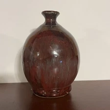 Vtg OWEN’S Jug Town Pottery Bud Vase Weed Pot Red Brown Drip 4.5" Seagrove NC