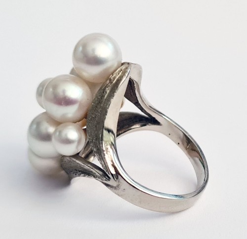 Vintage 14k White Gold Leaf Design Ring Sz.5 w. 9x Pearl Cluster Motif (WMH)8b - Picture 7 of 7