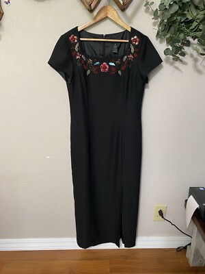 VIRGO vintage 90s y2k square neck Asian inspired midi dress floral beaded 10