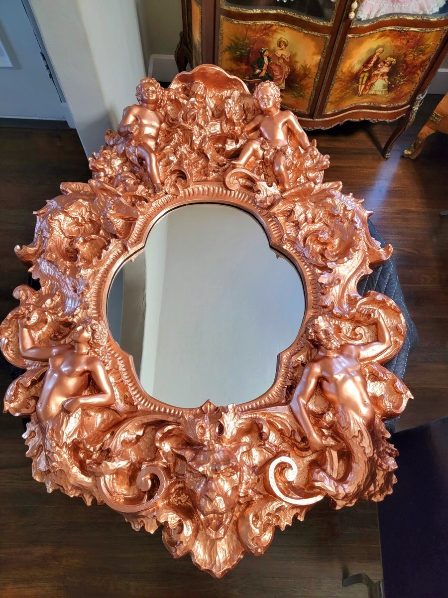 Large Vintage Rose Gold Mirror Mid-Century Cherubs, Adam & Eve