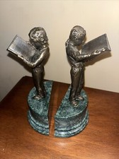 Vintage Brass and Marble Boy And Girl Reading Bookends