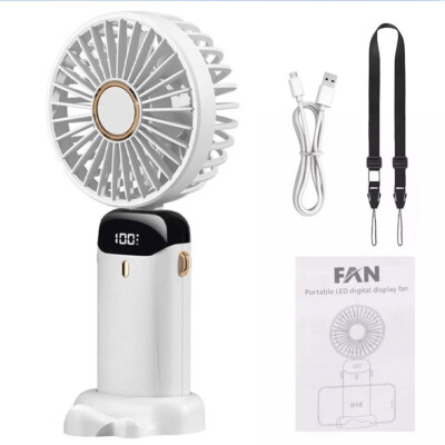White Mini Hand Fan: Digital Battery Indicator,5 Speeds,USB-C,Folds Flat Travel