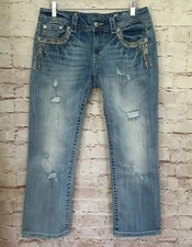 Miss Me Signature Cropped Jeans Size 30 Rhinestones Embroidered Flap Pockets
