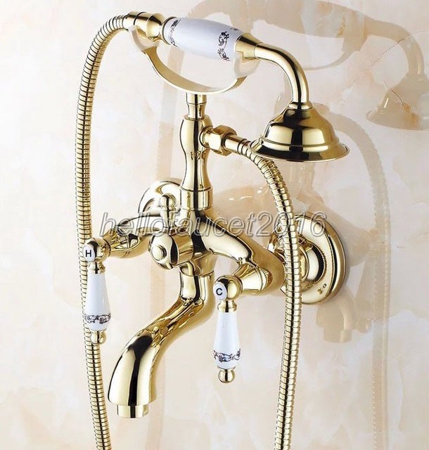 Golden Brass Tub Floor Mounted Faucet Clawfoot W Ceramic Hand