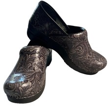 Dansko Professional Clogs Womens 39/8-8.5 Grey Tooled Floral Patent Leather