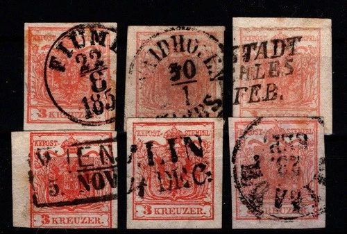 Österreich 1850: Lot 3 Kr HP (ANK 3) div. Typen, Farben, Stempel