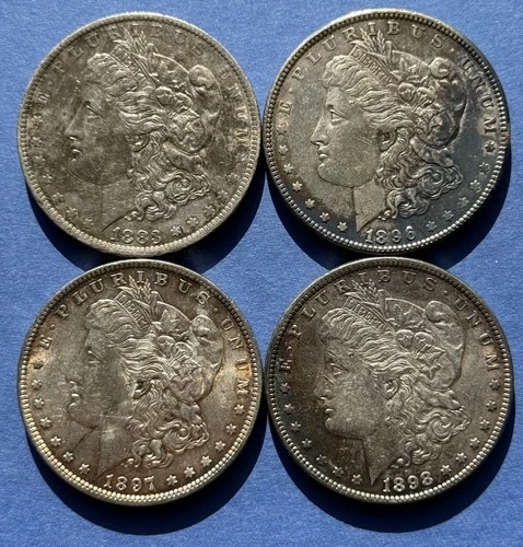 4  Morgan Silver Dollars Lot - 90% Silver - Mixed Dates - XF to Unc Details