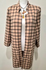 Beige Plaid Open Front Blazer   3/4 Sleeves   Shoulder Pads