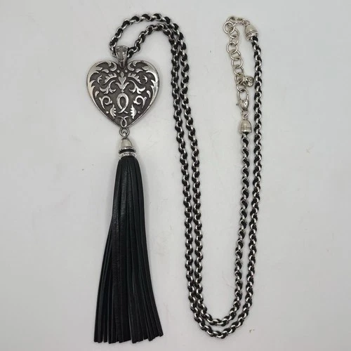 Brighton Cordoba Heart Pendant Black Leather Tassel Silver Tone Long Necklace