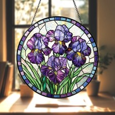 Purple Irises Stained Glass Suncatcher, Iris February Birth Month Flower Window