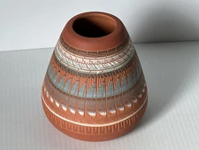 Navajo Art Pottery Vase Hand Etched Native American Southwestern Pot Signed