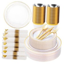 350PCS Clear Plastic Plates with Trim for 50 Guests, 50 Guests Set Gold