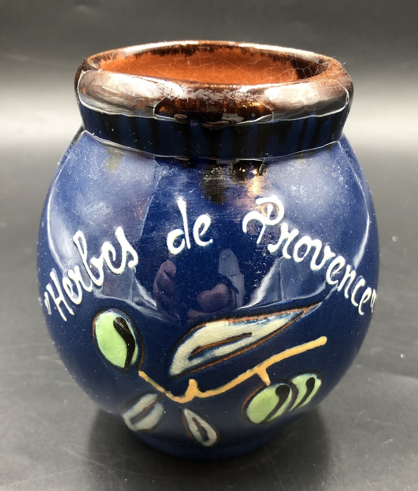 Pequeño contenedor de cerámica azul Hierbas de Provenza 12 cm hecho en Francia sin tapa