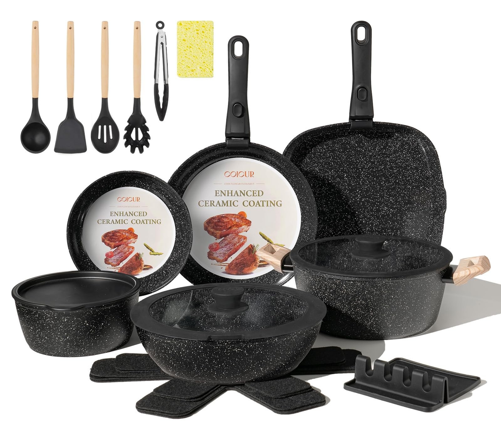 23Pcs Non-Toxic Ceramic Cookware Set with Detachable Handles, Pots & Pans